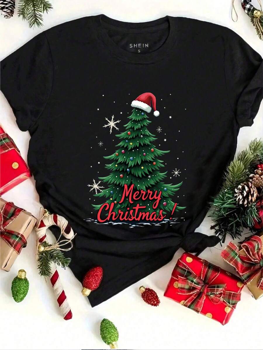 INAWLY 1 Áo thun cổ tròn tay ngắn in hình cây thông Noel thường ngày cho nữ, thích hợp cho ngày lễ, quần áo áo thun họa tiết Áo thun họa tiết cho nữ - màu đen - Xem 1