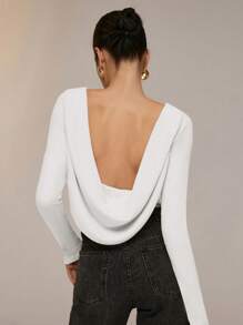 Poéselle 女士纯色露背垂褶圆领长袖紧身衣