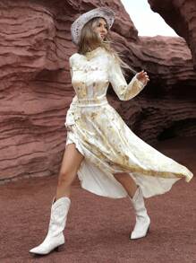 Aveloria Vintage Elegant Stand Collar Gold Velvet Printed Fit And Flare Long Sleeve Dress For Women Fall Cloth For Women - Multicolor - View 5