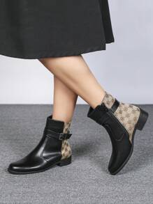 CUCCOO BIZCHIC 时尚百搭女士踝靴，黑色粗跟短靴，新款秋冬季侧拉链扣带圆头舒适短靴 - 黑色 - 查看 5