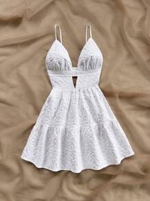 Dreamara Plus Size Boho Women's White Jacquard Texture Open-Back Cinched Waist A-Line Mini Dress,Elegant Summer Holiday Vacation, Party Homecoming Sundress - White - View 2