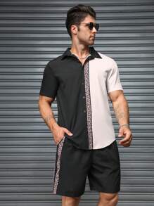 Manfinity Homme 2pcs Men's Geometric Print Contrast Color Short Sleeve Shirt And Shorts Casual Suit, Summer