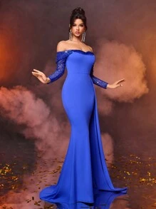 SHEIN Belle Robe de soirée élégante et somptueuse avec mélange de tissu en maille brillante avec sequins bleu royal de luxe. Design avec une seule épaule, manches longues transparentes, forme de poitrine, queue de poisson et ourlet flottant. Idéal pour un événement formel, un bal de promo, un mariage ou un dîner. - Noir - Voir 7
