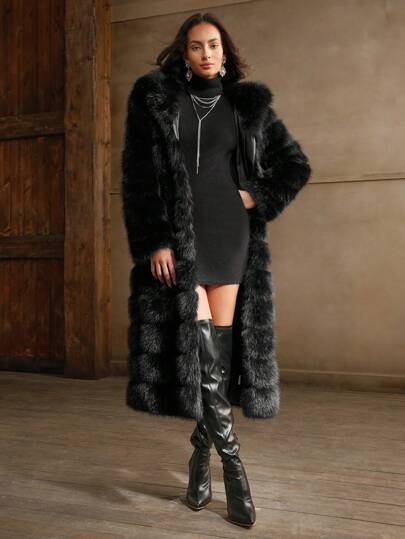 Anewsta Women Fashionable Solid Color Elegant Fluffy Hooded Long Coat, Autumn/Winter