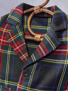 SHEIN 2pcs/Set Vintage British Style Baby Boys Formal Suit Set, Including Long Sleeve Plaid Blazer Jacket And Loose Shorts, Classy Red-Green Tartan Pattern, Suitable For Parties, Weddings, Birthday, Performances, School Events And Other Formal Occasions, For Christmas