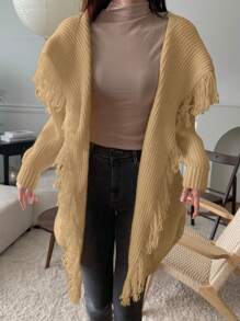 DAZY Women's Solid Color Long Cardigan With Fringed Oversized Collar,Fall Clothes - Khaki - View 5