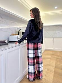 SHEIN 2 件套少女简约格子口袋装饰圆领长袖睡衣套装，配格子法兰绒长裤，秋冬季 - 彩色 - 查看 2