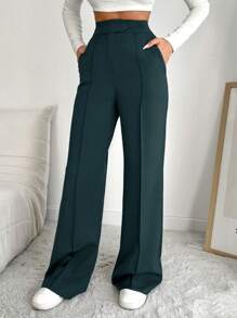EURMUSE Women's Solid Color Zipper Front Slash Pocket Seam Front Wide Leg Dress Pants - Dark Green - View 7