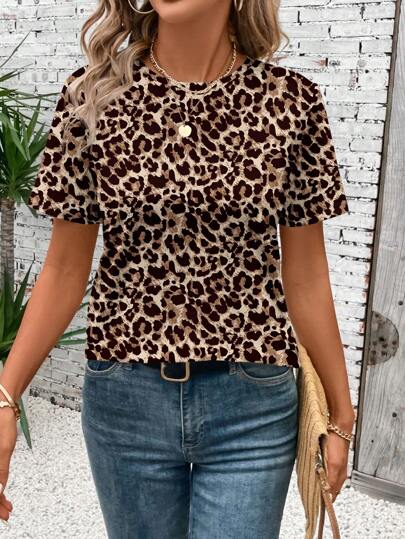 EMERY ROSE Camiseta de mujer de manga corta con cuello redondo y estampado de leopardo, casual, adecuada para salir