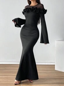 Chiquease 女式春秋秋季优雅派对黑色万圣节高弹力打底裙修身臀部网眼撞色 3D 花朵手工原创设计长袖喇叭袖美人鱼连衣裙长款女装 - 黑色 - 查看 6