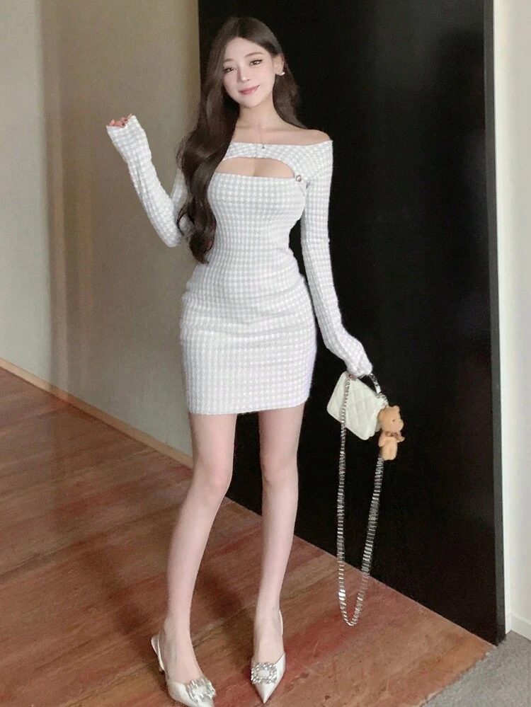 Party/Back To School Dress For Women, Open Shoulder Plaid Hollow Long Sleeve Dress,Mini Dress,Fall Clothes Off Shoulder Top