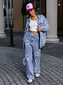 SHEIN Tall Women's Ripped Front Button Pocket Long Sleeve Denim Jacket - Blue - View 3