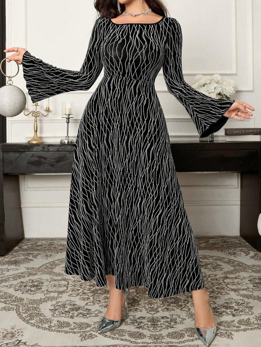 Modelyn Women's Elegant Long Dress, Square Neck, Bell Sleeves, Allover Print, Spring Autumn Long Evening Dresses - Black - View 1