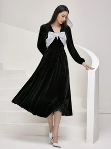 Modelyn Vestido largo de manga larga elegante con decoración de moño para mujeres, vestidos largos de noche de primavera y otoño