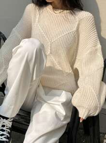 DAZY Women's Loose Fit Round Neck Solid Color Plaid Textured Sweater Fall - White - View 4