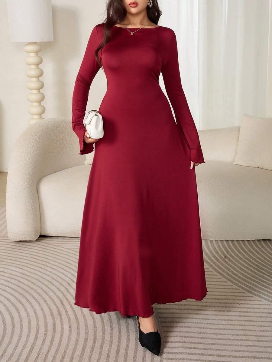 Mulvari Váy dệt kim tay loe thắt eo thanh lịch dài thường ngày cho nữ - Đỏ - Xem 1