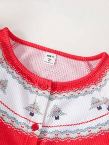 SHEIN Young Girl' Sweet Christmas Floral Contrast Color Positioning Print Waffle Fabric Round Neck Raglan Sleeve Cardigan Jacket - Red - View 5