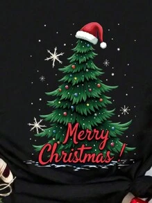 INAWLY 1 Áo thun cổ tròn tay ngắn in hình cây thông Noel thường ngày cho nữ, thích hợp cho ngày lễ, quần áo áo thun họa tiết Áo thun họa tiết cho nữ - màu đen - Xem 6