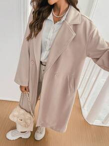 SHEIN Frenchy Women's Casual Striped Solid Color Drop Shoulder Long Sleeve Pockets Lapel Warm Brushed Woolen Coat, Autumn & Winter,Twill Texture Suit Collar Long Tweed Coat,Business Casual Women,Winter Women Costumes,Long Women Coats