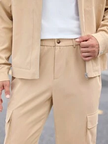 Manfinity VCAY 2pcs Men's Loose Fit Casual Jacket & Straight-Leg Pants Set, Suitable For Autumn - Khaki - View 3