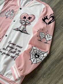 Manfinity EMRG Men Contrast Color Letter & Cartoon Print Baseball Collar Button Down Long Sleeve Jacket
