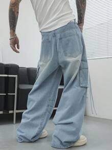 Manfinity EMRG 男士浅蓝色洗水牛仔宽松阔腿工装牛仔裤纯色长款破洞超大工装海军蓝工装牛仔裤，适合老公、男朋友的礼物 - 淺色水洗藍 - 查看 2