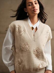 Anewsta Chaleco holgado de punto con cuello en V, con flores de rosas y perlas bordadas, para otoño e invierno