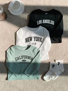 SHEIN Leap Crew Bộ 3 áo thun tay dài cổ tròn in chữ dáng rộng thoải mái cho bé trai, thích hợp mặc ngoài trời và trong nhà vào mùa thu đông - Nhiều màu - Xem 6