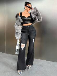 SHEIN ICON Jeans acampanados de cintura alta con agujeros desgastados, estilo Y2K de talla grande para mujer