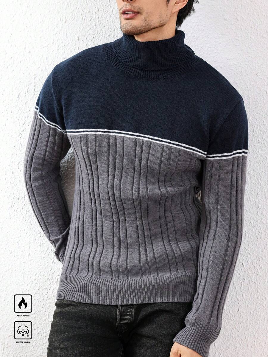 Manfinity Homme 男士秋冬拼色高领宽松休闲毛衣 - 灰色 - 查看 1