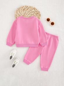 Cozy Pixies 2 件装女婴字母刺绣落肩运动衫和锥形裤套装，秋装 - 粉色 - 查看 2