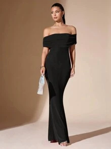 SHEIN BAE 女士纯色露肩性感透明优雅美人鱼露背紧身舞会礼服 - 黑色 - 查看 4