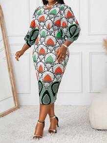 SHEIN Lady Autumn And Winter Elegant Colorful Knitted Round Neck Straight Three Quarter Length Sleeve Plus Size Dresses - Multicolor - View 5