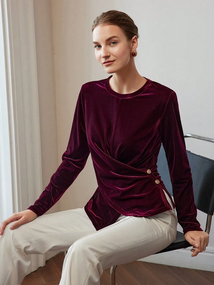 MOTF VELVET CROSS WRAP RUCHED GOLD BUTTON DETAIL TEE - Burgundy - View 1