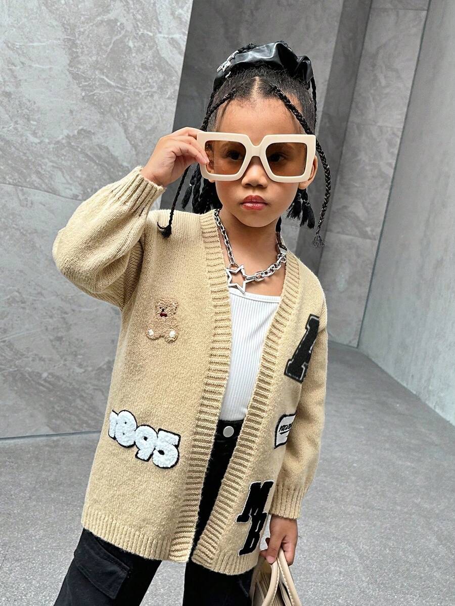 SHEIN Áo len cardigan dài tay dệt kim dáng rộng, thích hợp mặc ở nhà, thích hợp mặc khi đi du lịch hàng ngày, thích hợp mặc khi đi học - Màu Khaki - Xem 1