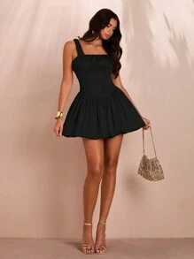 SHEIN BAE 女士甜美浪漫荷叶边纯白色修身泡泡下摆吊带背心连衣裙，适合夏季度假 - 黑色 - 查看 3