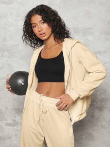 SHEIN BASICS 运动舒适羊毛落肩拉链连帽运动衫 - 米色 - 查看 4