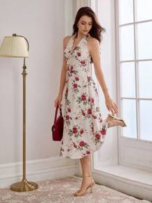 Vintamour Váy midi cổ điển thanh lịch gợi cảm, thu/đông, họa tiết hoa hồng & cổ buộc, trang phục lễ tạ ơn màu mơ/đỏ cho nữ, váy giáng sinh cho nữ, váy thanh lịch cho nữ, váy hoa cho nữ, trang phục hòa nhạc cho nữ, váy hóa trang tiên - Màu be - Xem 4