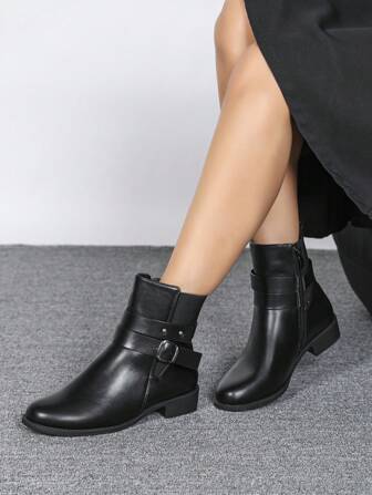 CUCCOO BIZCHIC Women's Fashionable Versatile Short Boots, Black Chunky Heel Ankle Boots, New Autumn Boots With Button Decor, Side Zip, Elastic Panel, Round Toe, Comfortable For And Spring Shoes Spring Break Easter For Christmas