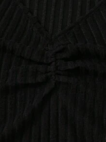 Flirla 2pcs/Set Plus Size Ribbed V-Neck Black & White T-Shirts, Autumn & Winter - Black and White - View 5