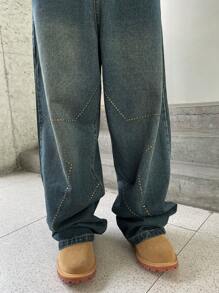 Claim Dot 男士破洞深蓝色复古牛仔宽腿宽松牛仔裤，适合送给丈夫、男朋友的礼物 - 深色水洗藍 - 查看 3