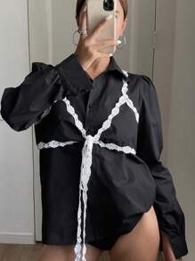 DAZY Camisa de manga larga con bloques de color para mujer