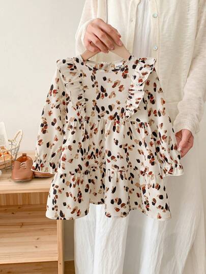 SHEIN LMoss Kids LMoss 女婴时尚可爱女婴波尔卡圆点荷叶边袖长裙，非常适合秋冬季休闲日常穿着和上学日常穿着、圣诞节、女童冬装