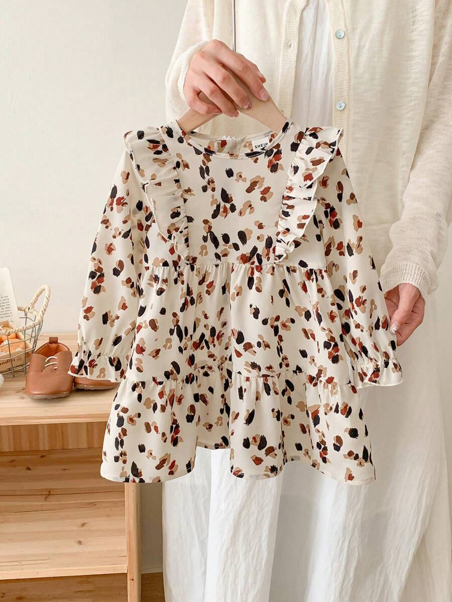 SHEIN LMoss Kids LMoss 女婴时尚可爱女婴波尔卡圆点荷叶边袖长裙，非常适合秋冬季休闲日常穿着和上学日常穿着、圣诞节、女童冬装 - 彩色 - 查看 1