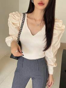 DAZY Áo len nữ tay phồng cổ chữ V, dáng ôm, thời trang thu đông, mùa thu cho nữ - Màu be - Xem 5