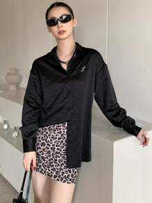 DAZY Chemise ample  synthétique brodée pour femmes, Top à manches longues pour l'automne - Noir - Voir 4