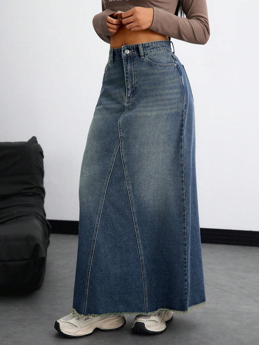 SHEIN ICON 秋季休闲牛仔裙，带毛边 - 藍色 - 查看 1