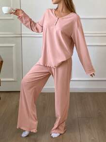 DAZY Minimalist Knit Half-Open Cardigan With Wavy Hem Loungewear Set - Pink - View 6