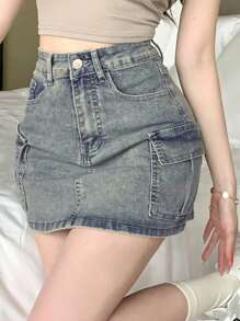 DAZY Women's Pocketed Baggy Cowgirl Denim Mini Skirt Jeans Skirt