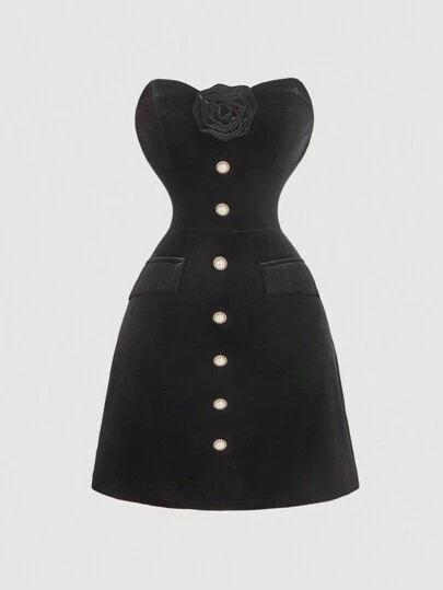 SHEIN MOD Svart vintage sammetsklänning med 3D-blommigt mönster, sexiga damklänningar, maskeradbollsklänning , damklänning, sexig svart klänning, häxklänning, sexig festklänning, kostym för kattkvinnor